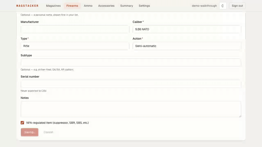 MagStacker walkthrough: the magazine list, a firearm and its mounted accessories, the accessories tracker, the caliber summary, and switching themes