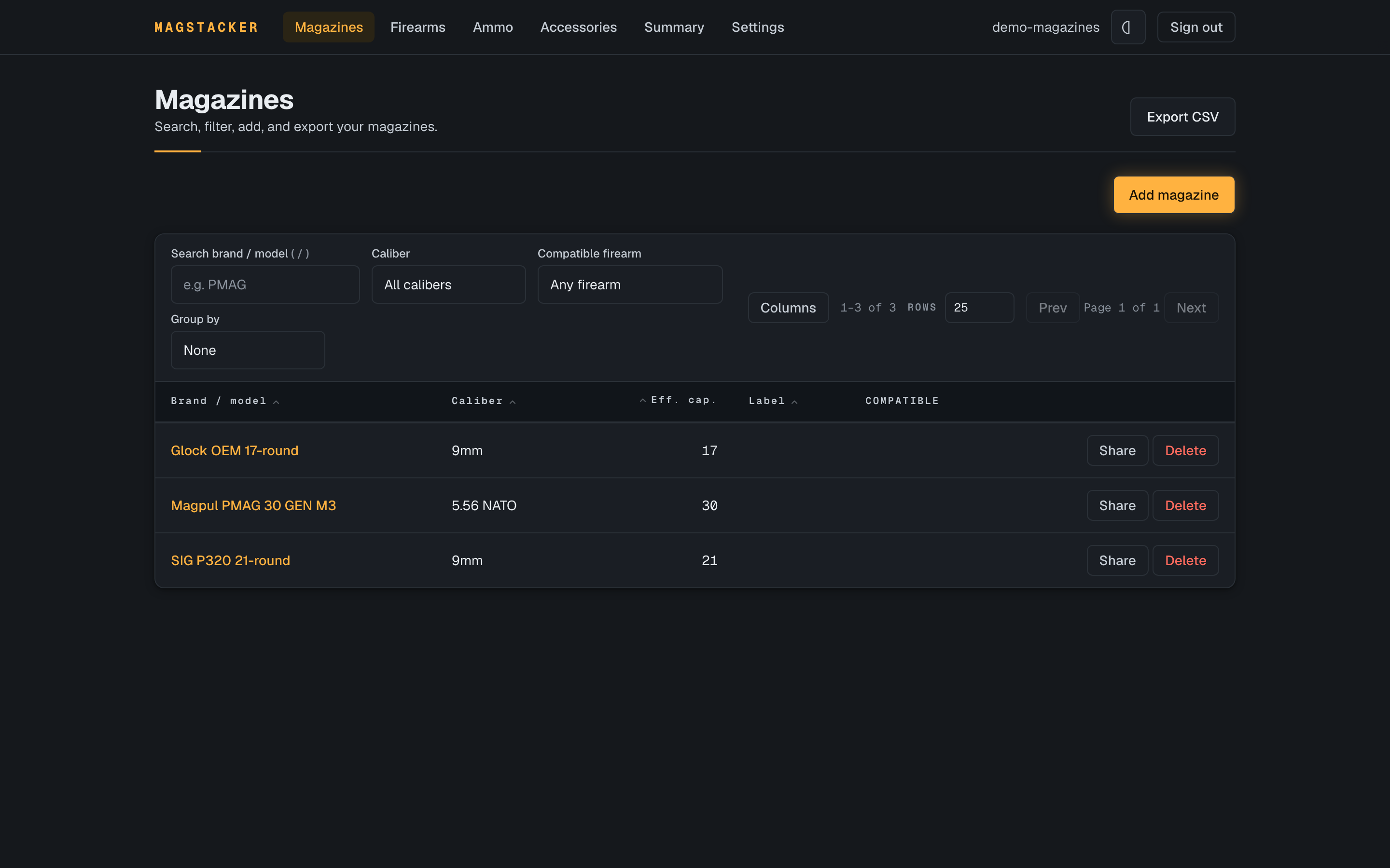 Magazines list, dark theme